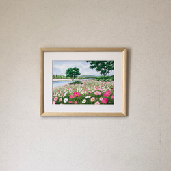 「コスモスの咲く川辺」透明水彩画　原画　風景画　額縁付　F4サイズ 5枚目の画像
