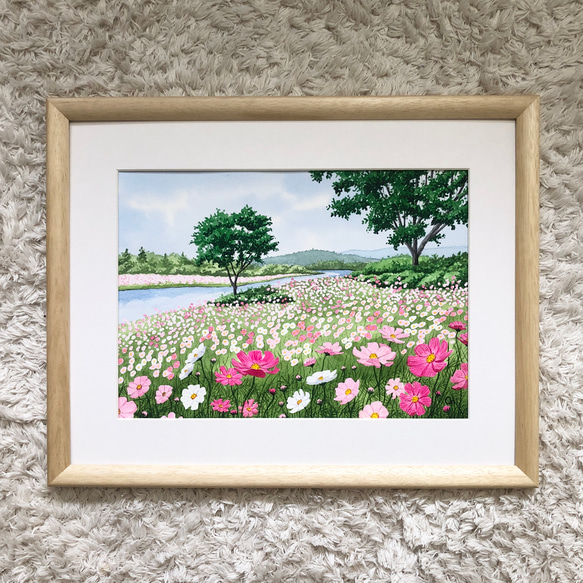 「コスモスの咲く川辺」透明水彩画　原画　風景画　額縁付　F4サイズ 6枚目の画像