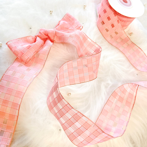 チェックオーガンジーリボン《単位1ヤード》 ブラック ホワイト ピンク