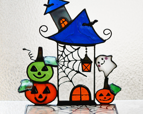 ハロウィンに ステンドグラス モビール(黒猫、魔女、おばけ)