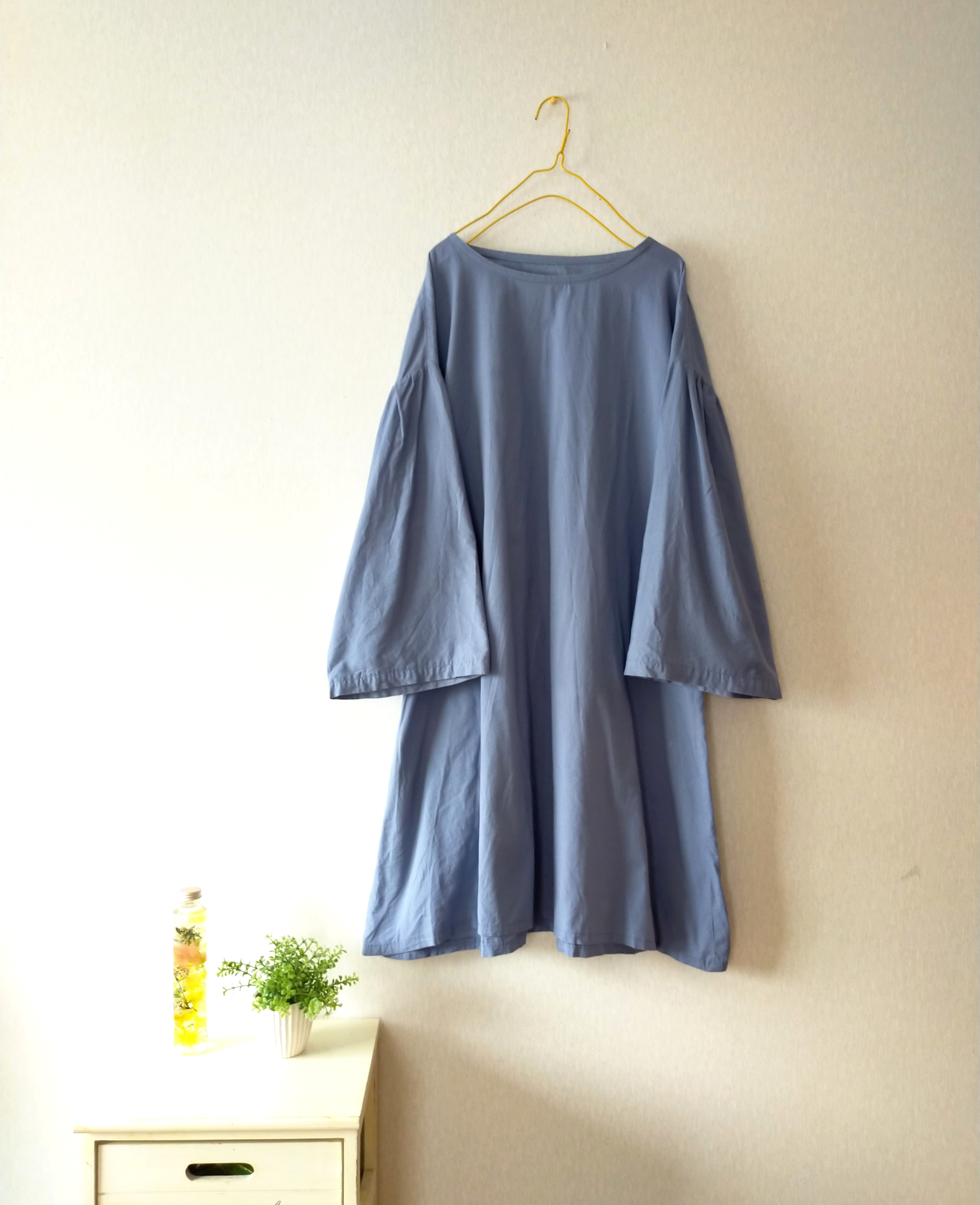 卒•入学式 フォーマルにも✨ Spring cotton ベルスリーブワンピース ✦半袖•七分袖•長袖 スモーキーブルー