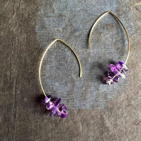 新作❤️秋色 14kgf Amethyst Marquis Hoop Pierced Earrings Gift Box 2枚目の画像