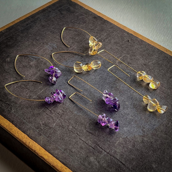 新作❤️秋色 14kgf Amethyst Marquis Hoop Pierced Earrings Gift Box 6枚目の画像