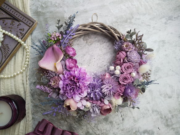 ＜color lilas＞＊ハーフリース＊三日月リース＊フラワーリース＊秋＊プリザーブドフラワー＊お花＊ギフト＊結婚祝い 8枚目の画像