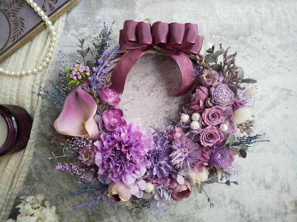 ＜color lilas＞＊ハーフリース＊三日月リース＊フラワーリース＊秋＊プリザーブドフラワー＊お花＊ギフト＊結婚祝い 1枚目の画像