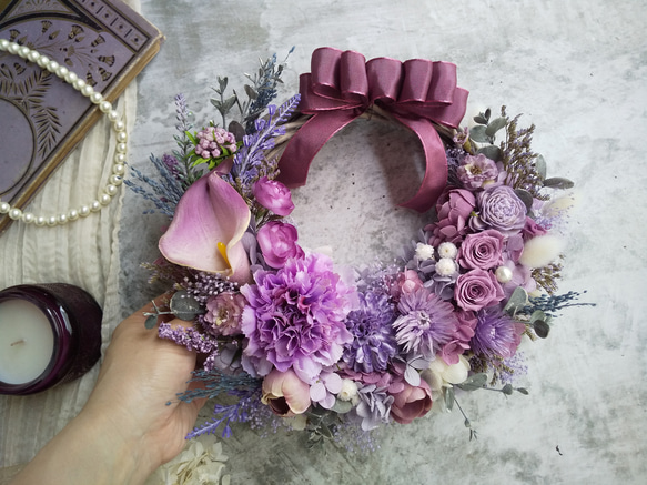 ＜color lilas＞＊ハーフリース＊三日月リース＊フラワーリース＊秋＊プリザーブドフラワー＊お花＊ギフト＊結婚祝い 7枚目の画像