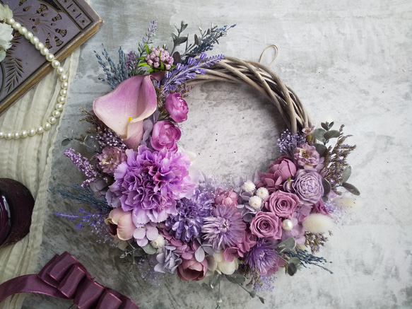 ＜color lilas＞＊ハーフリース＊三日月リース＊フラワーリース＊秋＊プリザーブドフラワー＊お花＊ギフト＊結婚祝い 2枚目の画像