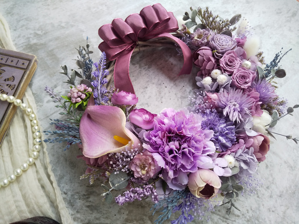 ＜color lilas＞＊ハーフリース＊三日月リース＊フラワーリース＊秋＊プリザーブドフラワー＊お花＊ギフト＊結婚祝い 4枚目の画像