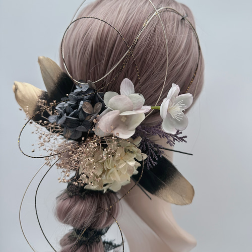 髪飾り 成人式 卒業式 結婚式 羽毛 黒 ゴールド ベージュ 水引