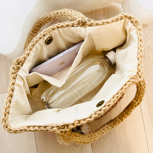 麻紐バッグ かごバッグ ニットバッグ ラテモール ブラウン♡ファー