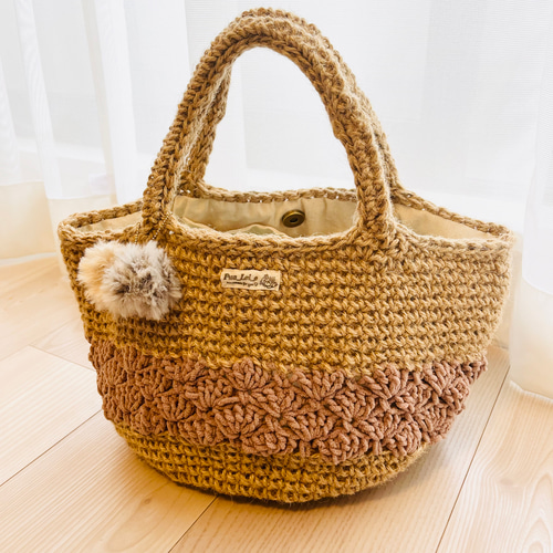 麻紐バッグ かごバッグ ニットバッグ ラテモール ブラウン♡ファー