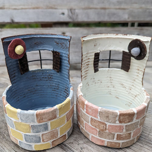 受注制作】リメ缶 モルタルレンガ風 ランプ付き 2個セット