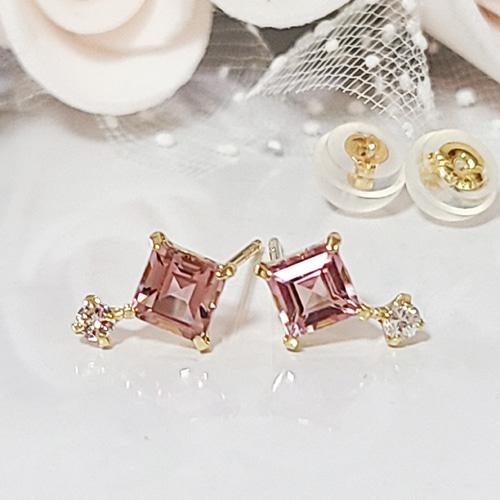 本物のピンクのダイヤモンドピアス　K18 Diamond K18ダイヤモンド ピンクトルマリンピアス (NO.49427
