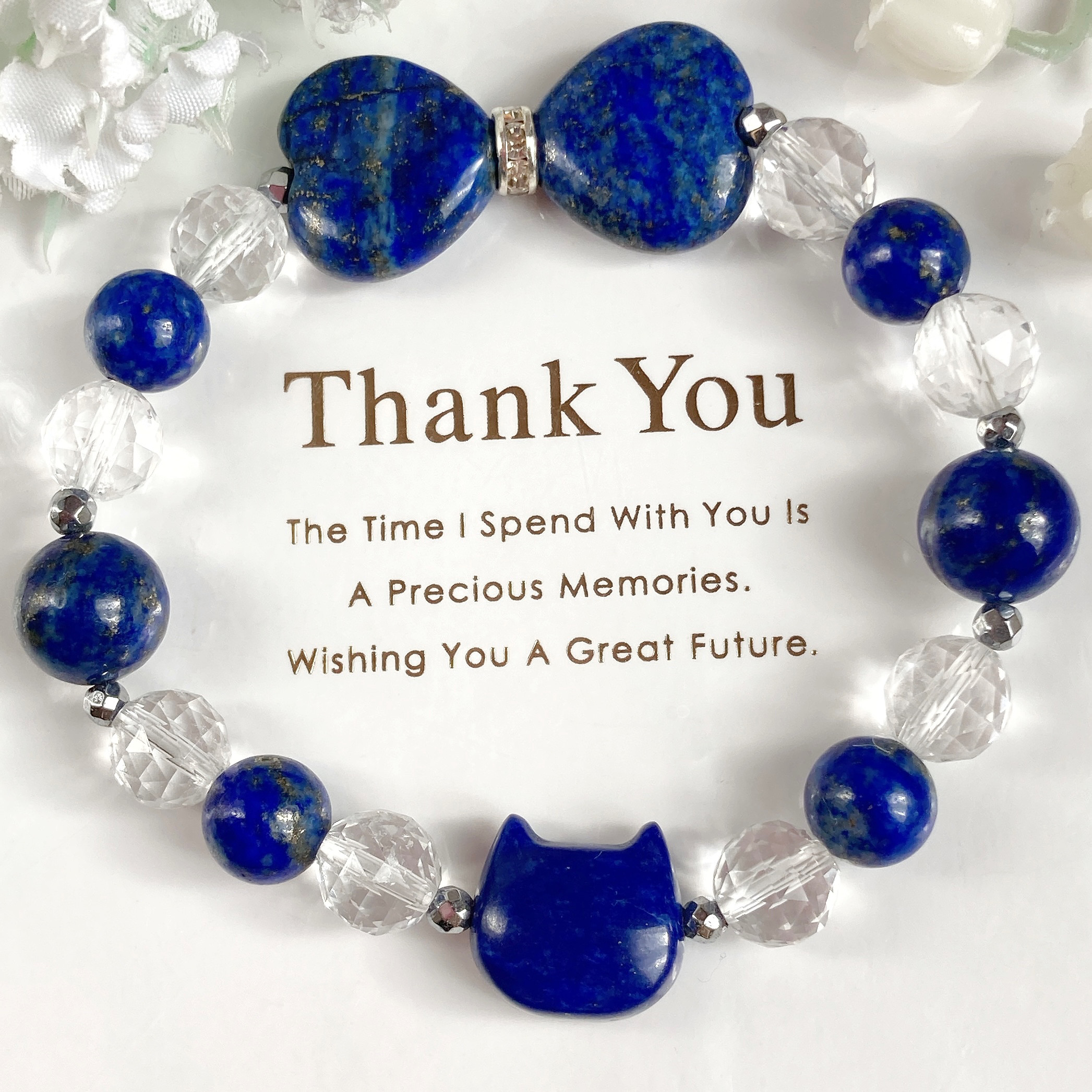 ラピスラズリ猫ちゃんリボン水晶天然石ブレスレット