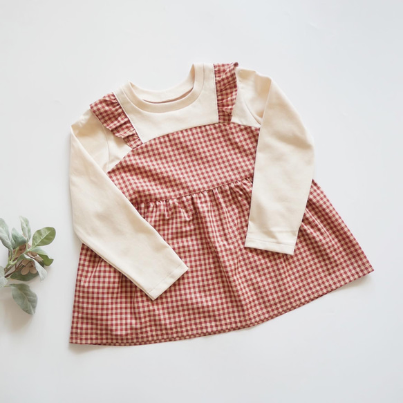 ギンガムチェックのドッキングキャミT(90-140)＊くすみあずき 子供服  