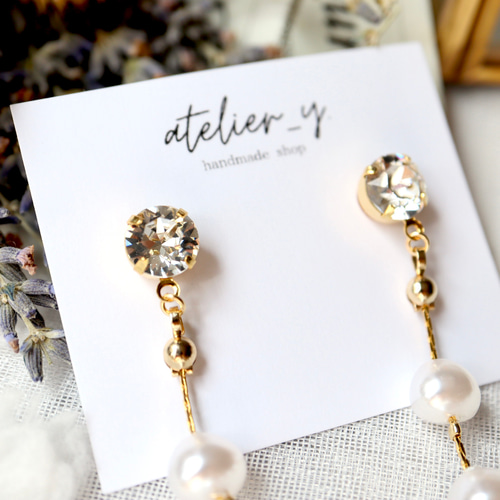 パールとゴールドのロングピアス ゴールド ストーン ロング パール ピアス イヤリング Gold Stone