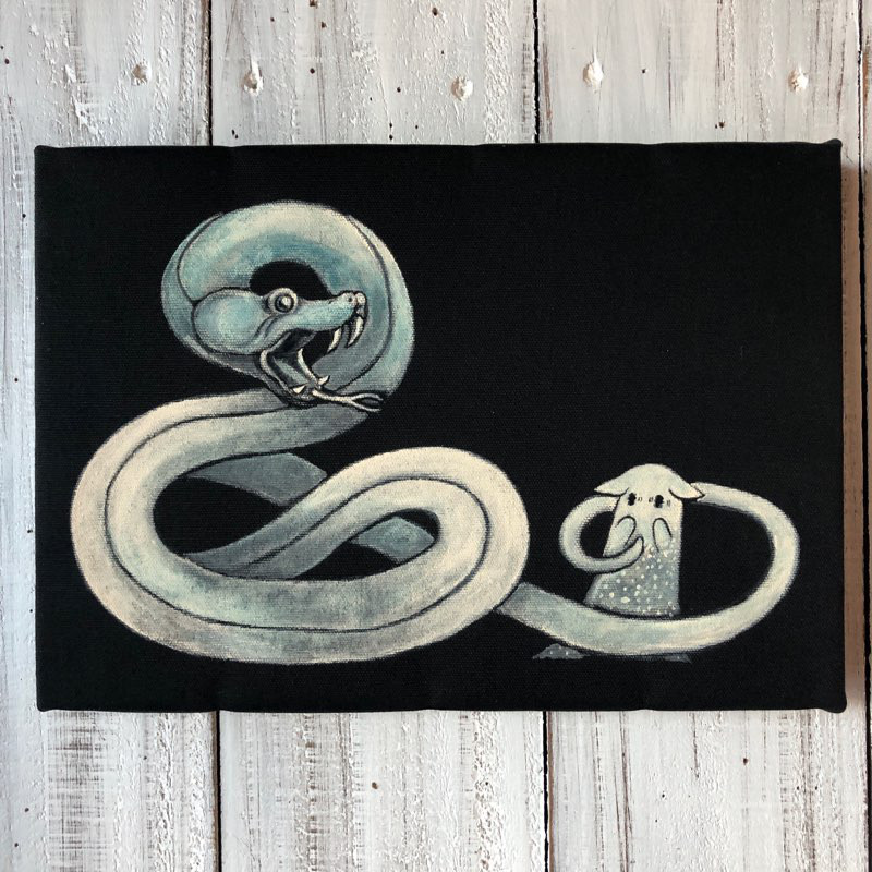 「蛇に驚く猫木霊」SMサイズ アート作品 原画 絵本「猫木霊」使用 