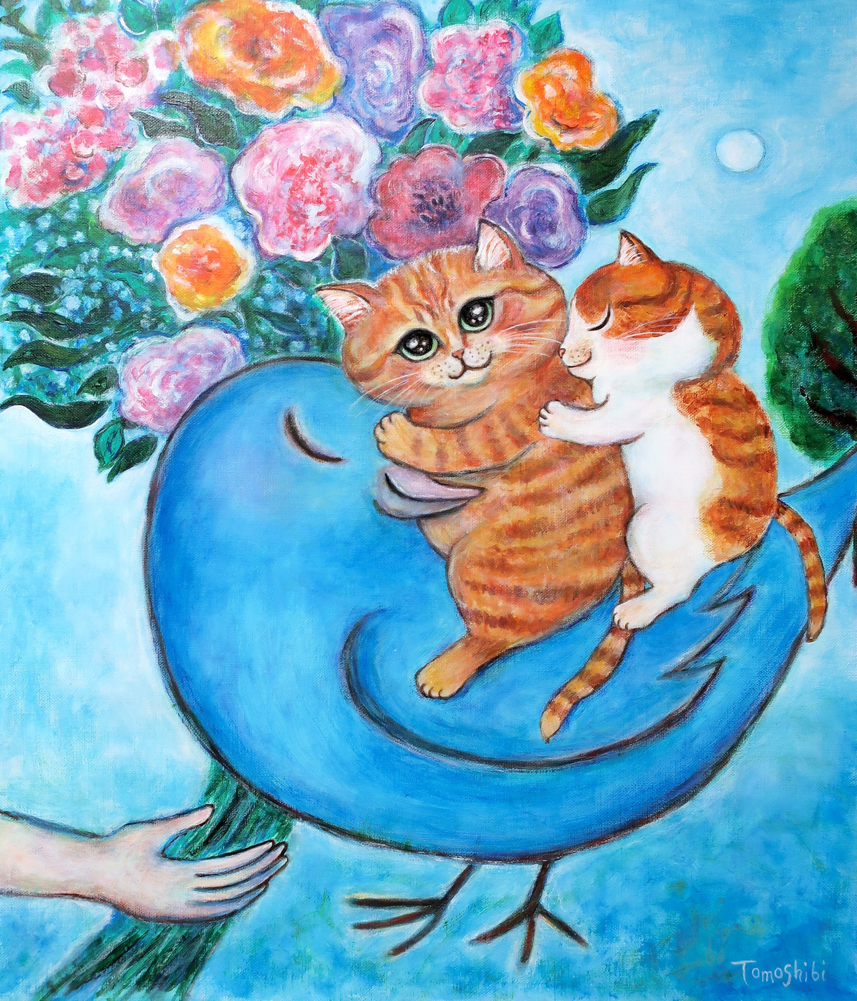 ブランド通販サイト けい様用　自作絵画　蝶の舞う花畑　茶トラ猫の絵　星をつかまえて 絵画