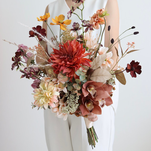 秋のカラフルブーケ＆ブートニア 完成品 くすみカラー テラコッタ