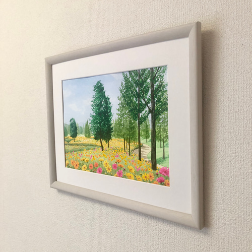 アクリル画　原画　「コスモスのフィールド04」額縁付　F3サイズ　風景画 アクリル画原画「コスモスのフィールド04」額縁付F3サイズ風景画