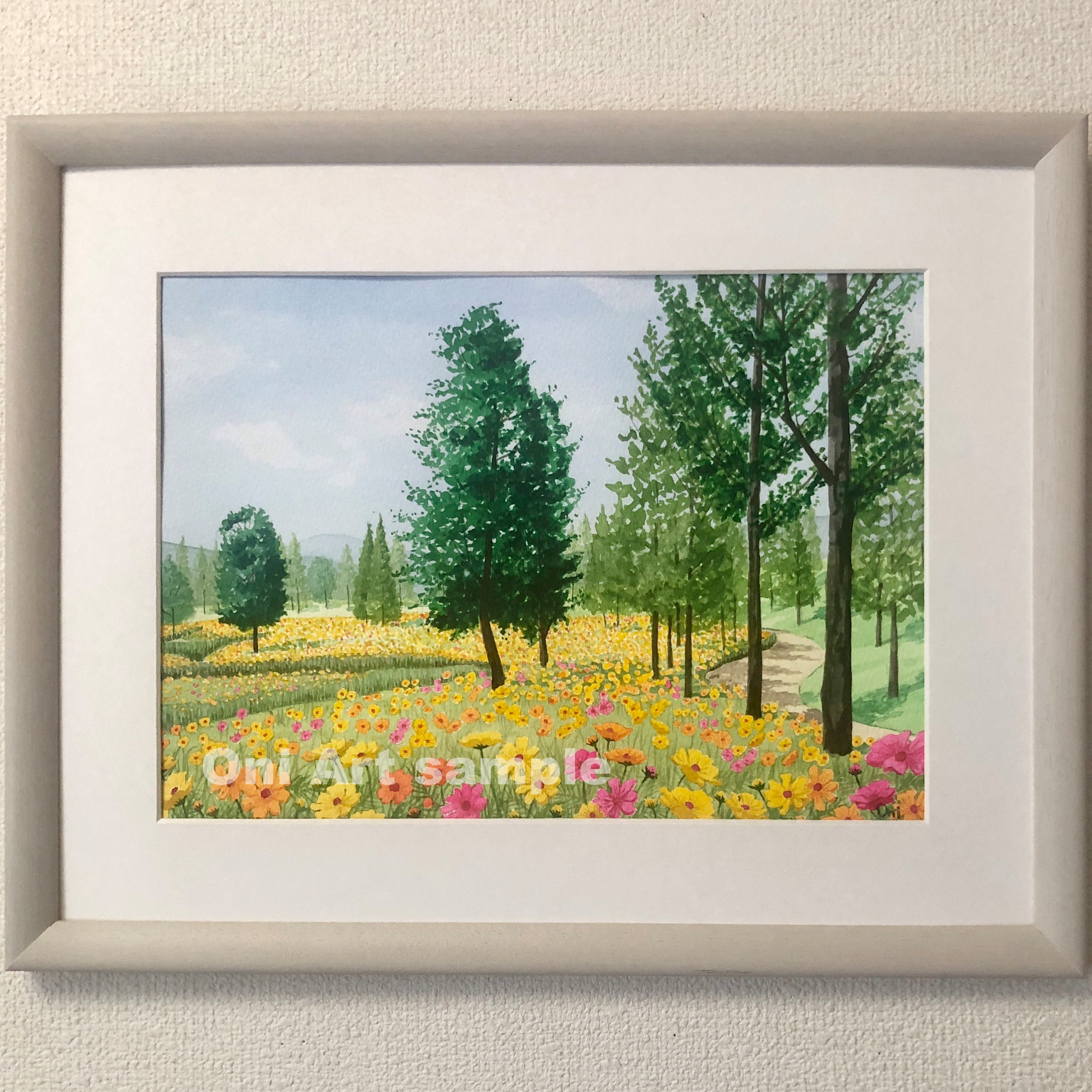 アクリル画　原画　「コスモスのフィールド04」額縁付　F3サイズ　風景画 アクリル画原画「コスモスのフィールド04」額縁付F3サイズ風景画