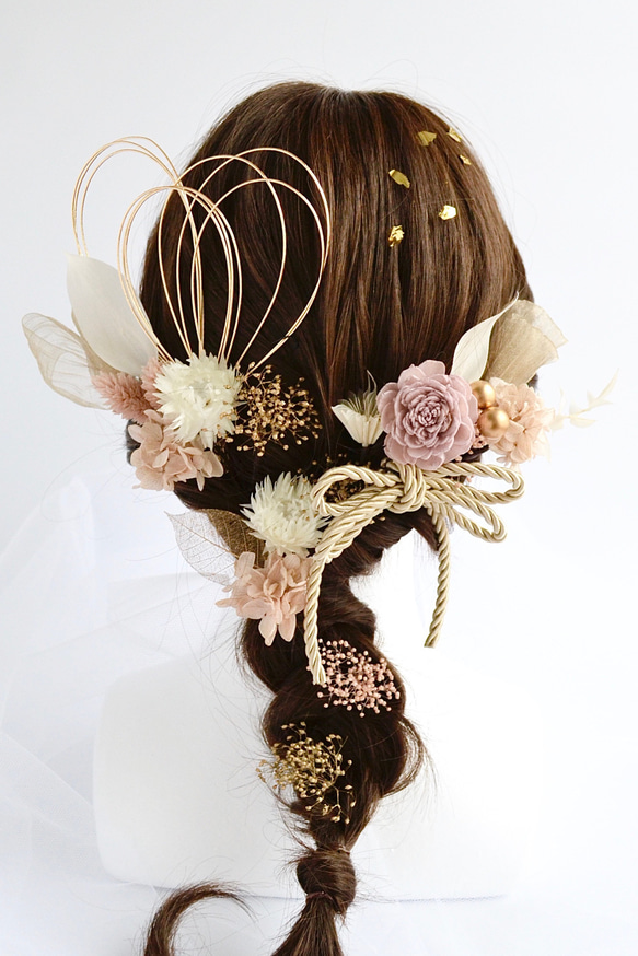 ◉再販【髪飾り_くすみピンク ホワイト ゴールド】編み下ろし 結婚式