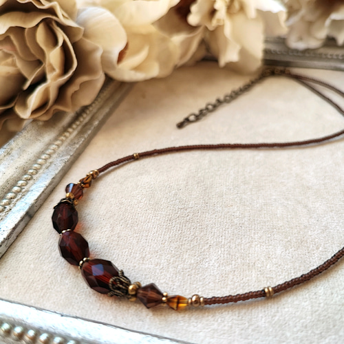 ブラウン系チェコビーズとべっ甲色ビーズの秋色ネックレス