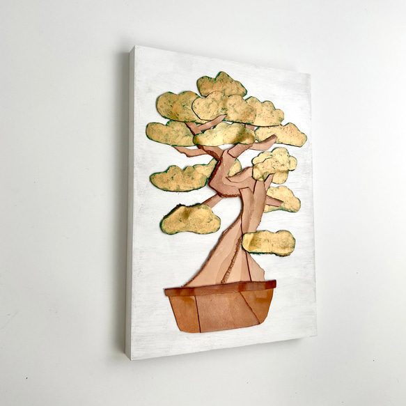 レザーのコラージュアート（盆栽） A4サイズ 木製パネル 一点もの 3枚目の画像