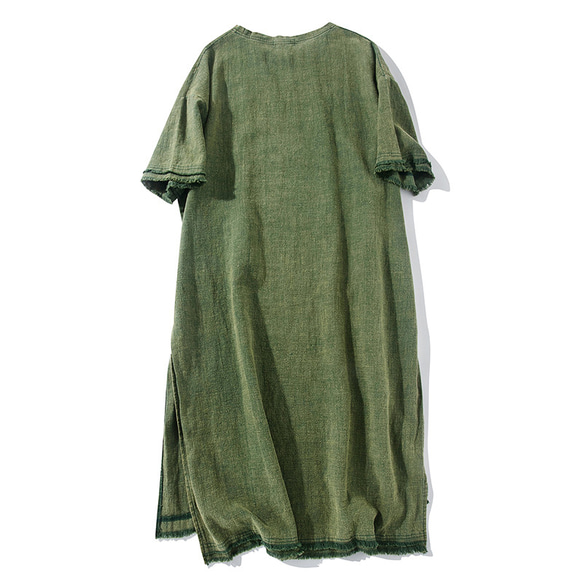中厚綿麻ワンピース　半袖綿麻ワンピース　サイドにスリット　グリーン　フリーサイズ　L257GR　 2枚目の画像