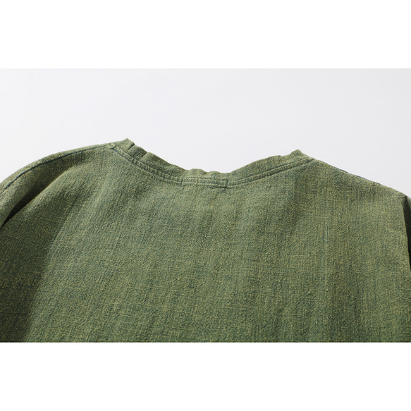 中厚綿麻ワンピース　半袖綿麻ワンピース　サイドにスリット　グリーン　フリーサイズ　L257GR　 8枚目の画像