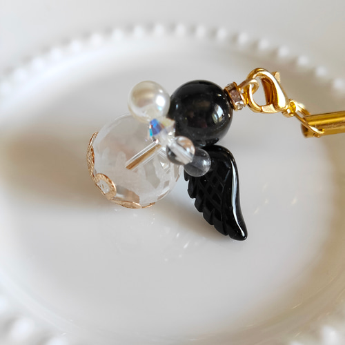 天使の羽ストラップ✨まよけ✨モリオン×青龍水晶✨携帯スマホ