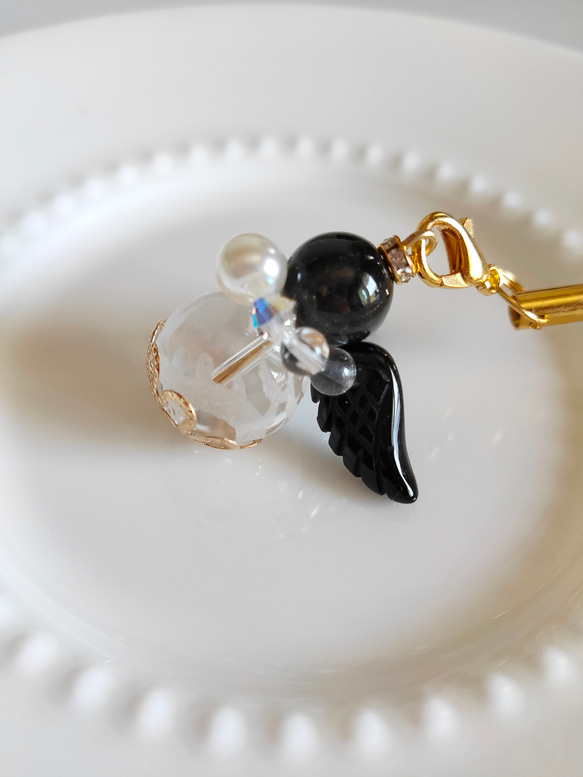 天使の羽ストラップ✨まよけ✨モリオン×青龍水晶✨携帯スマホ