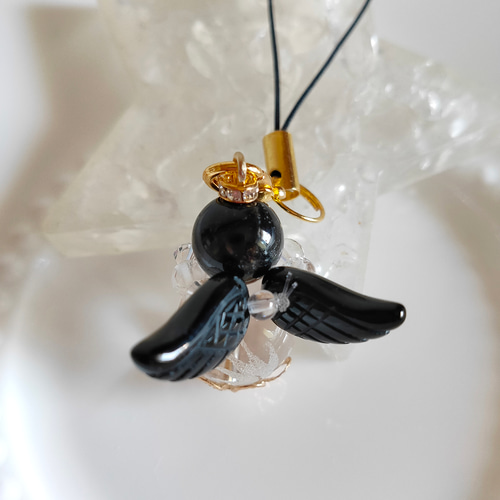 天使の羽ストラップ✨まよけ✨モリオン×青龍水晶✨携帯スマホ