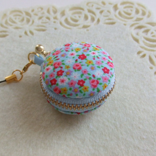 小花✽ブルー系/マカロンコインケース4cm(マカロンポーチ