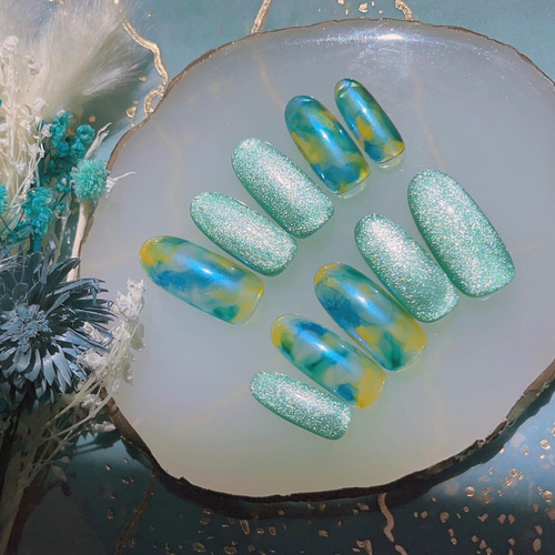 ネイルチップ ニュアンス 緑 ちゅるん フルオーダーネイル オーダー 21・ニュアンスネイルチップ ミントグリーン - mignon~order nail tip