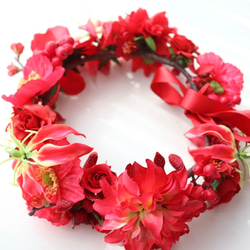 花冠　花かんむり　赤　還暦　還暦祝い　リース　ヘッドドレス　髪飾り　グロリオサ　ローズ　バラ　薔薇　 2枚目の画像