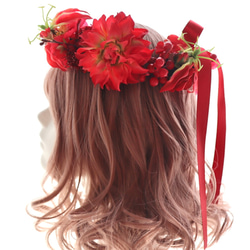 花冠　花かんむり　赤　還暦　還暦祝い　リース　ヘッドドレス　髪飾り　グロリオサ　ローズ　バラ　薔薇　 1枚目の画像