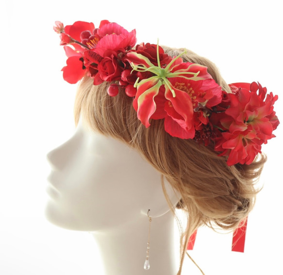 花冠　花かんむり　赤　還暦　還暦祝い　リース　ヘッドドレス　髪飾り　グロリオサ　ローズ　バラ　薔薇　 4枚目の画像