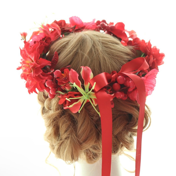 花冠　花かんむり　赤　還暦　還暦祝い　リース　ヘッドドレス　髪飾り　グロリオサ　ローズ　バラ　薔薇　 5枚目の画像