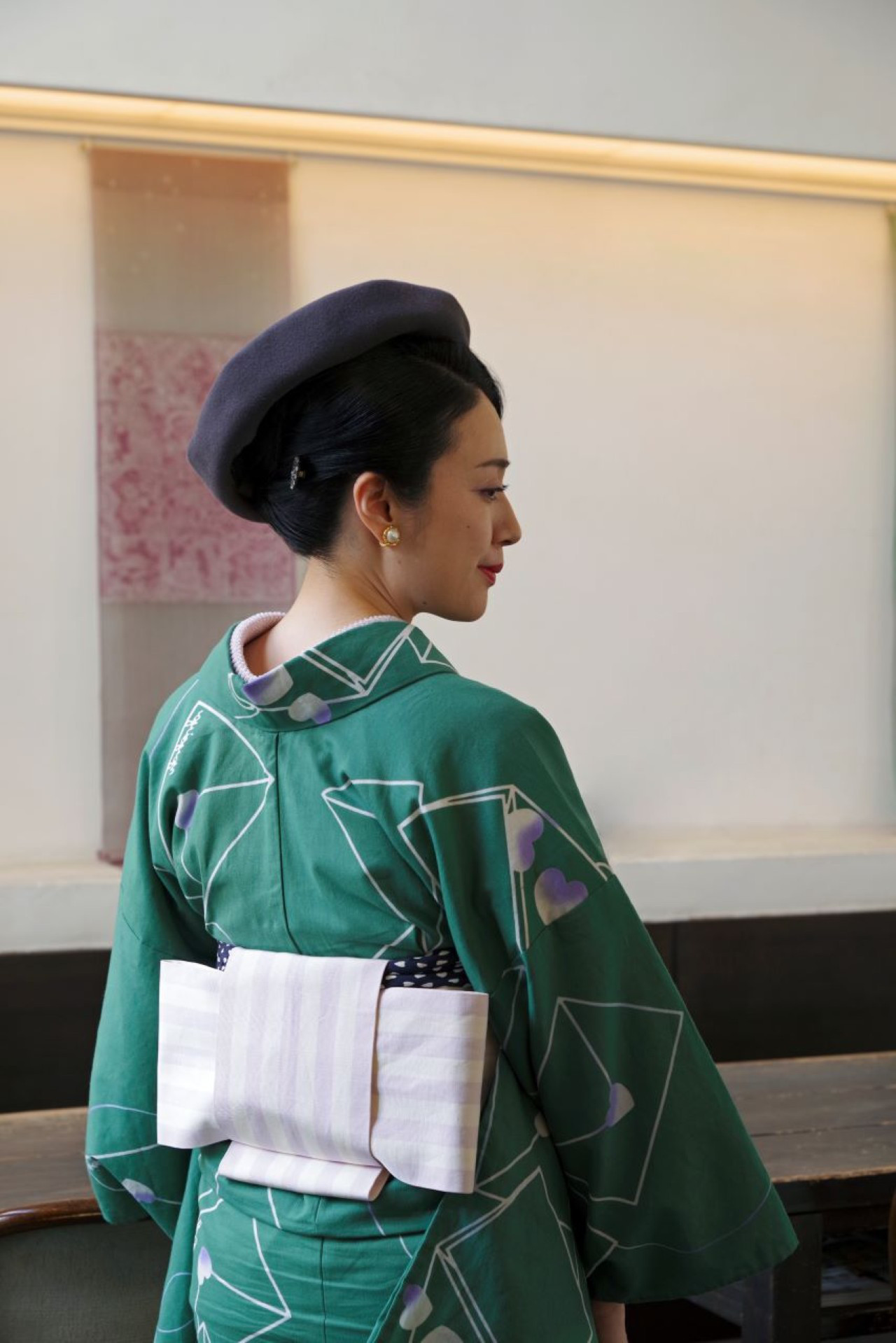 弥生屋 半幅帯 博多織 千鳥 × 横縞 ( 淡紅藤・長尺）