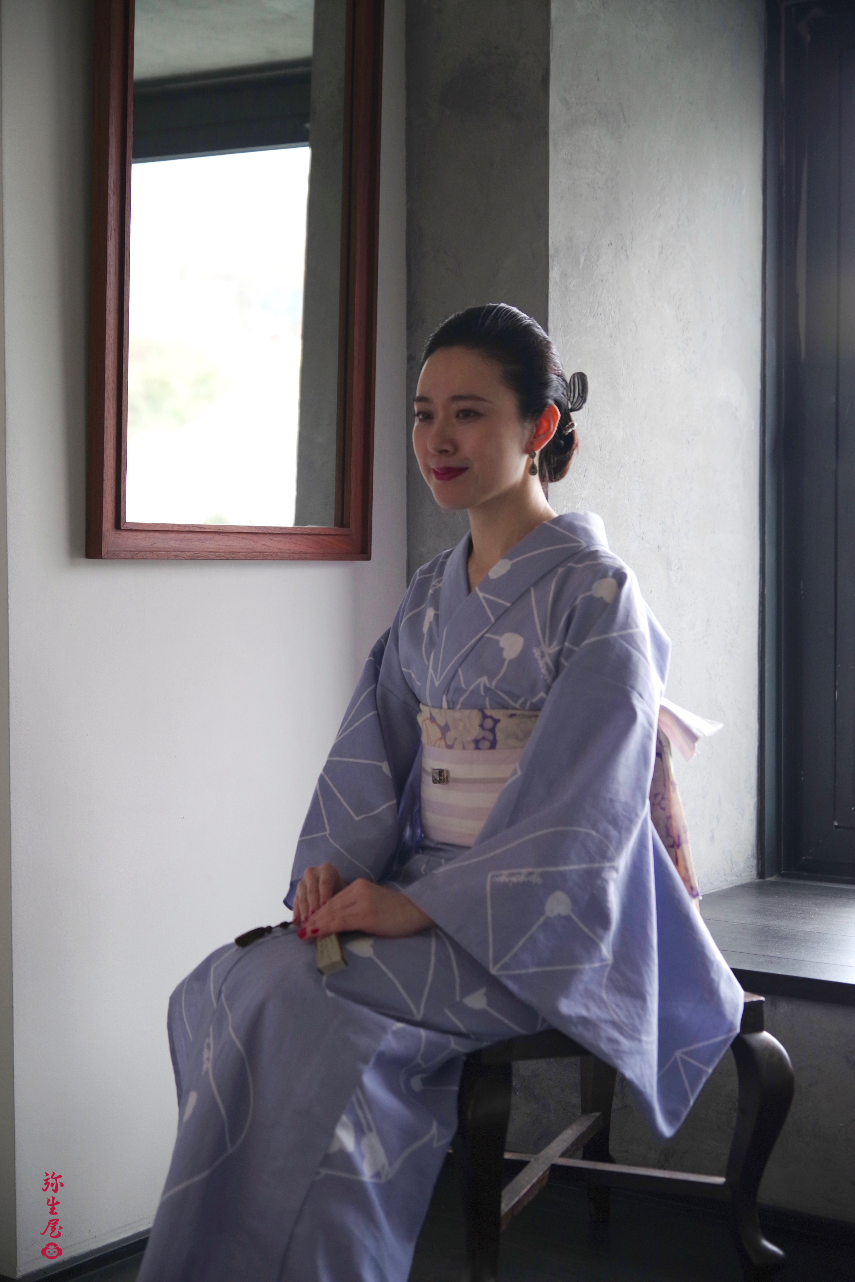 弥生屋 半幅帯 博多織 千鳥 × 横縞 ( 淡紅藤・長尺）