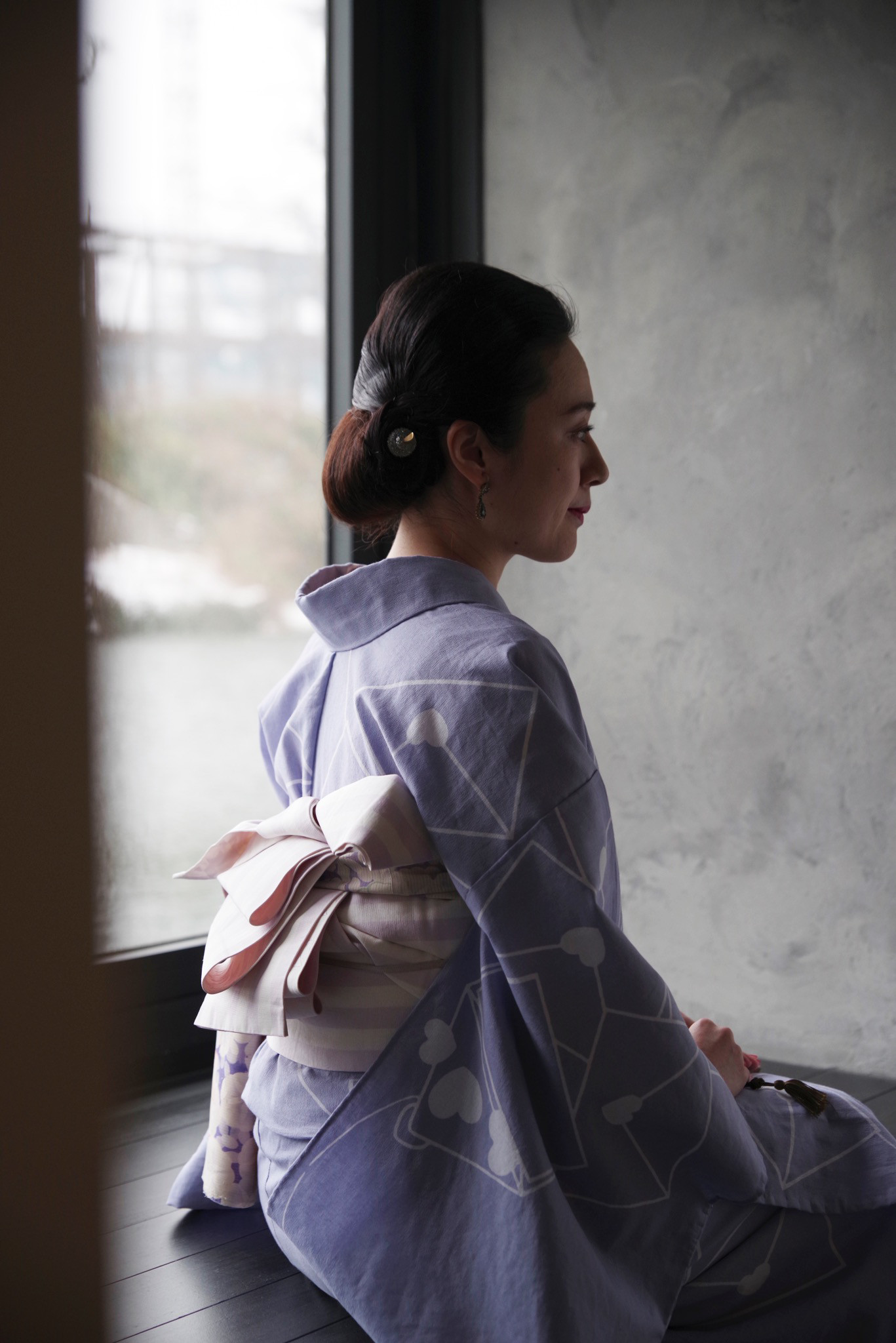 弥生屋 半幅帯 博多織 千鳥 × 横縞 ( 淡紅藤・長尺）