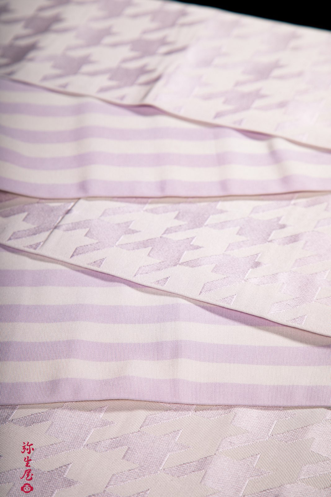 弥生屋 半幅帯 博多織 千鳥 × 横縞 ( 淡紅藤・長尺）