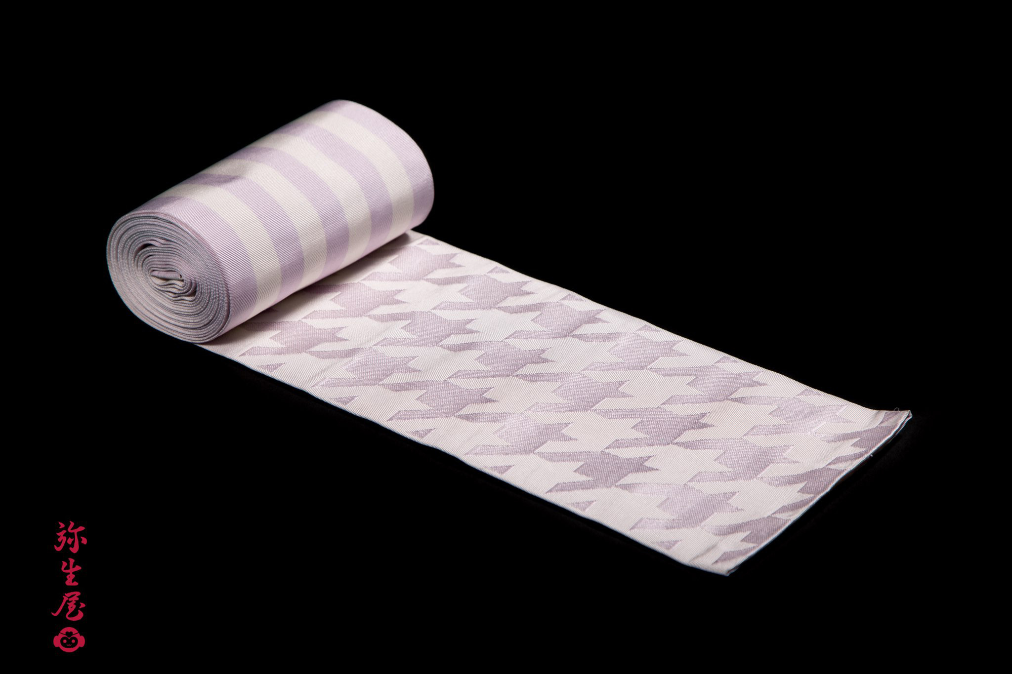 弥生屋 半幅帯 博多織 千鳥 × 横縞 ( 淡紅藤・長尺）