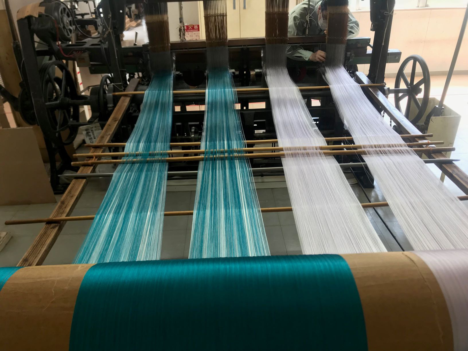 弥生屋 半幅帯 博多織 千鳥 × 横縞 ( 淡紅藤・長尺）