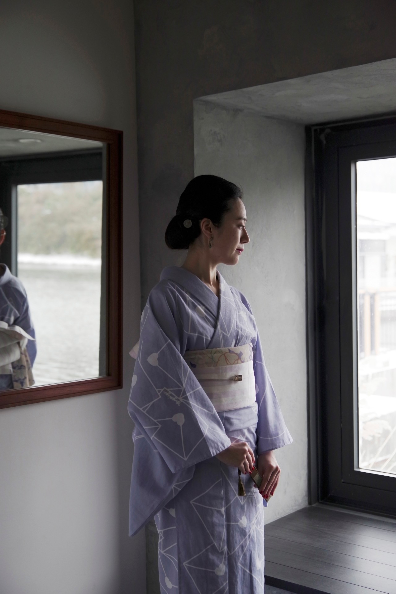 弥生屋 半幅帯 博多織 千鳥 × 横縞 ( 淡紅藤・長尺）