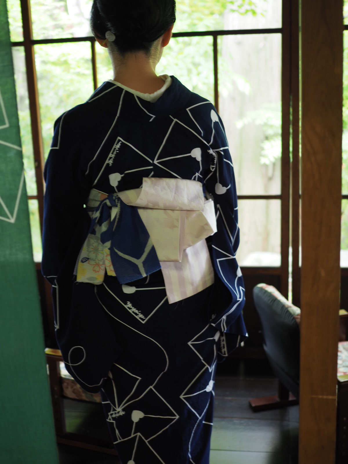 弥生屋 半幅帯 博多織 千鳥 × 横縞 ( 淡紅藤・長尺）