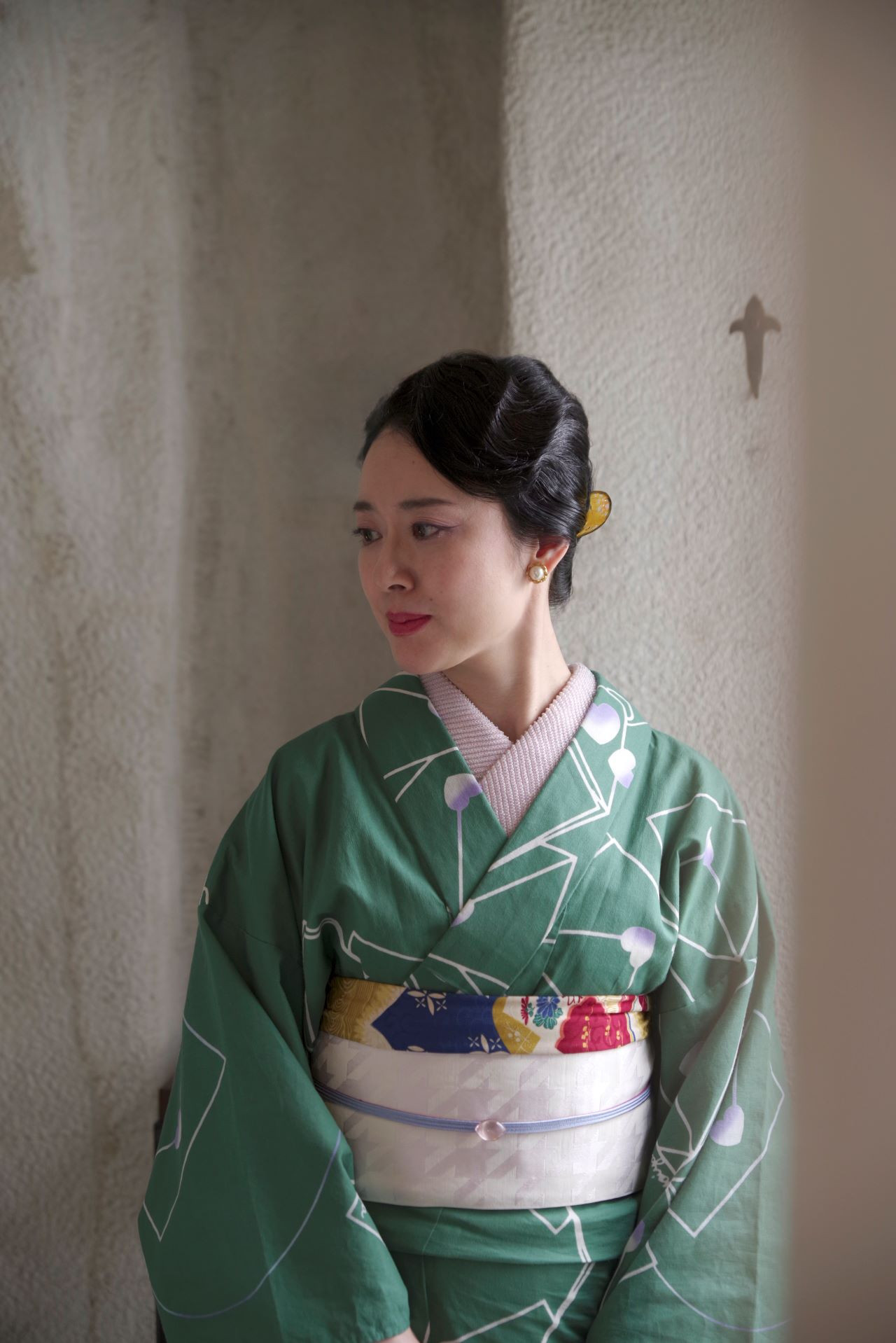 弥生屋 半幅帯 博多織 千鳥 × 横縞 ( 淡紅藤・長尺）