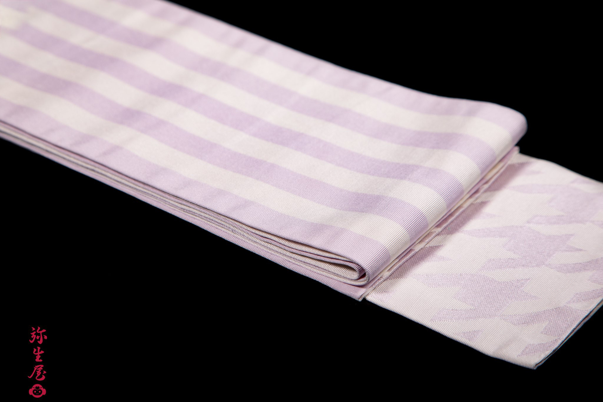 弥生屋 半幅帯 博多織 千鳥 × 横縞 ( 淡紅藤・長尺）