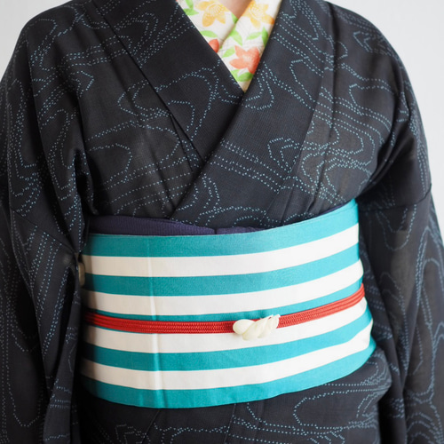 弥生屋 半幅帯 博多織 千鳥 × 横縞 ( 青緑・長尺 ） 和装小物（帯